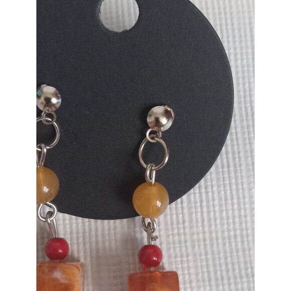 Red Round and Orange Cube Beaded Post Backs Dangle Style Lightweight Earrings - Picture 5 of 11